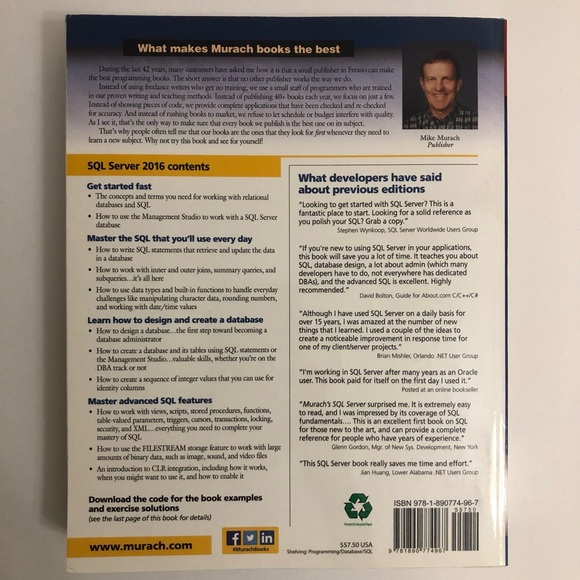 Murach's SQL Server 2016 for Developers Joel Murach ISBN 9781890774967 Database - Picture 5 of 5